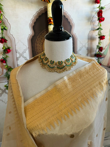 Banarasi Kora Tissue Organza Silk Saree | Golden Beige | Gold Zari | Handwoven | Ships from California